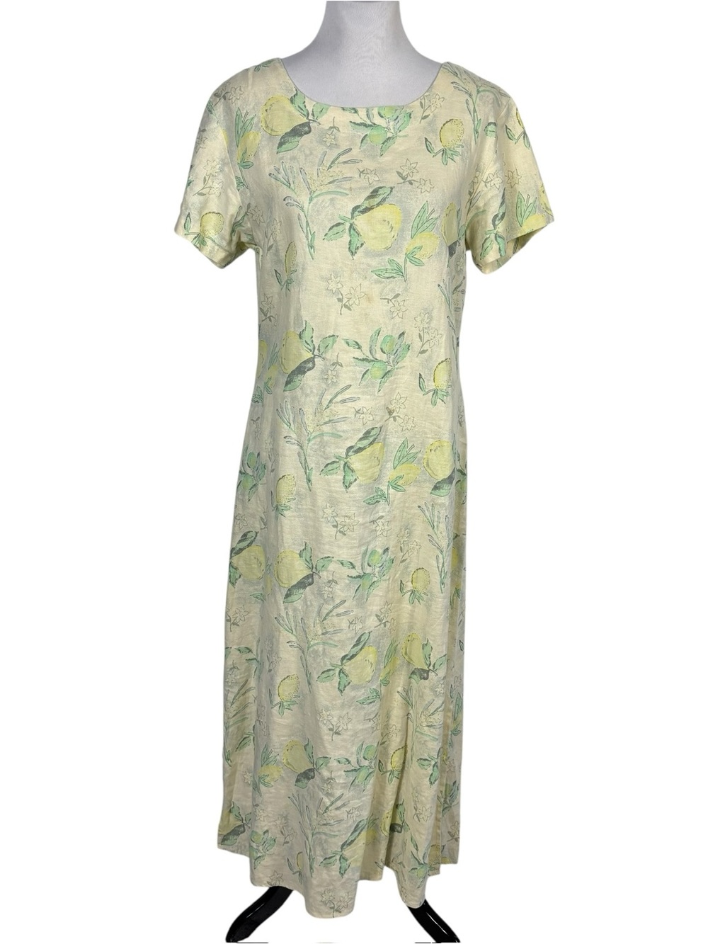 Vintage KIKO 100% Linen Pear Fruit Cream Maxi Dress Lagenlook Coastal Boho Sz M
